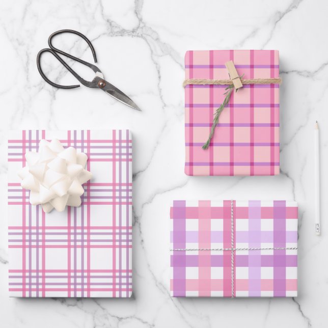 Pastell Pink Lila Kariert Checkered Gingham Geschenkpapier Set (Vorderseite)