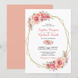 Pastell Pink Peach Rose Floral Goldrahmen-Hochze Einladung