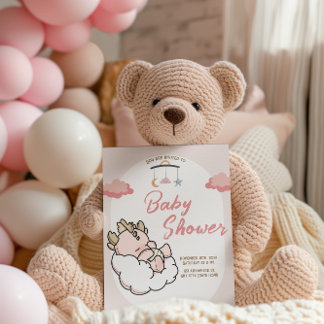 Pastell Pink Schlafen Cloud Baby Dragon Geburtstag Einladung