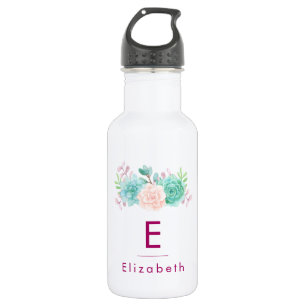 Pastell Pink und grüne BlumenBouquet mit Monogramm Trinkflasche