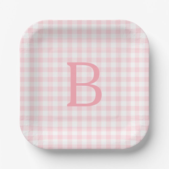Pastell Pink und White Gingham Mit Monogramm Pappteller (Vorderseite)
