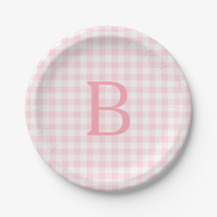 Pastell Pink und White Gingham Mit Monogramm Pappteller