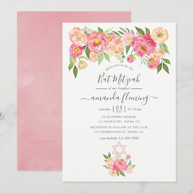 Pastell Pink Wasserfarbene Peonies Bat Mitzvah Einladung (Vorne/Hinten)