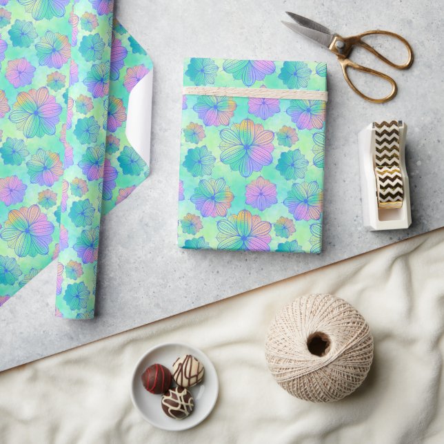 Pastell Rainbow Floral Wrapping Paper Geschenkpapier (Kunsthandwerk)