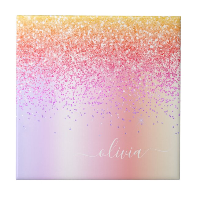 Pastell Rainbow Pink Gold Lila Glitzer Monogramm Fliese (Vorderseite)
