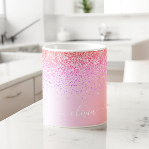 Pastell Rainbow Pink Gold Lila Glitzer Monogramm Kaffeetasse