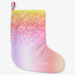 Pastell Rainbow Pink Gold Lila Glitzer Monogramm Kleiner Weihnachtsstrumpf