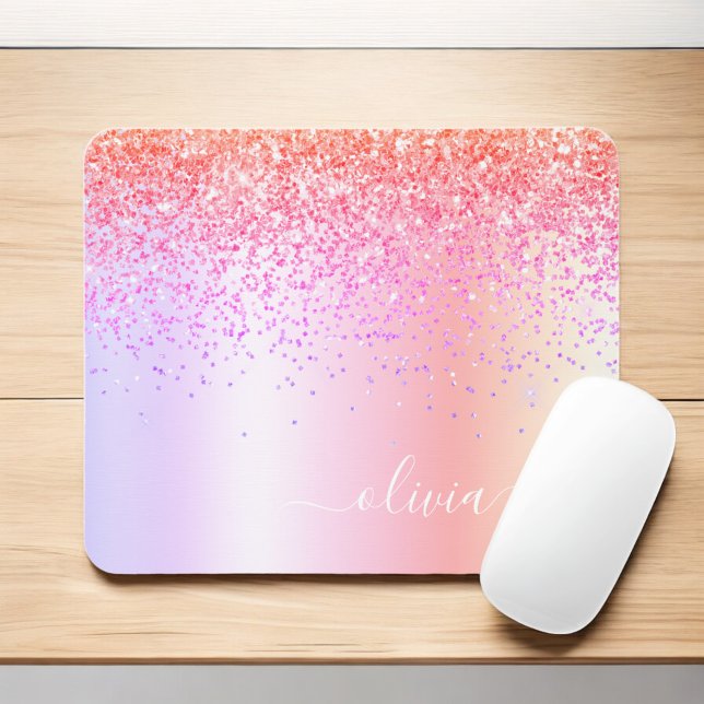 Pastell Rainbow Pink Gold Lila Glitzer Monogramm Mousepad (Von Creator hochgeladen)