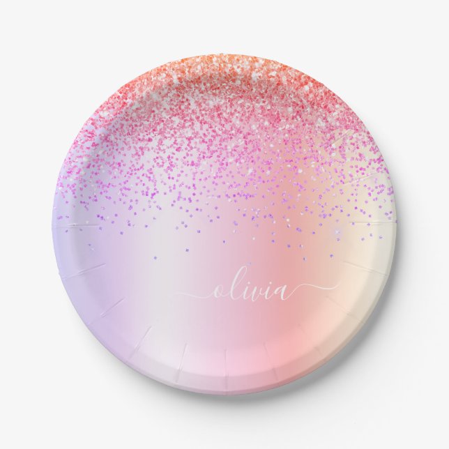 Pastell Rainbow Pink Gold Lila Glitzer Monogramm Pappteller (Vorderseite)