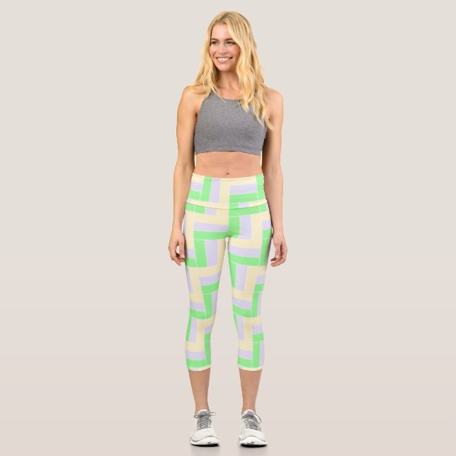 Pastell Rectangle Muster Weiße gestrichelte Linien Capri Leggings (Vorderseite)
