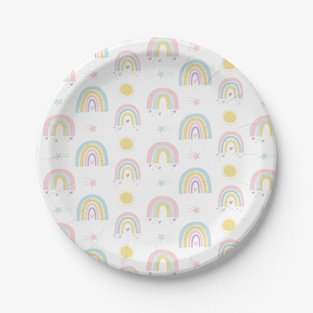 Pastell Regenbogen Babydusche Papierplatte Pappteller (Vorderseite)