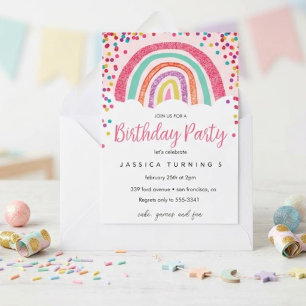 Pastell Regenbogen Glitter Kinder Geburtstagsfeier Einladung