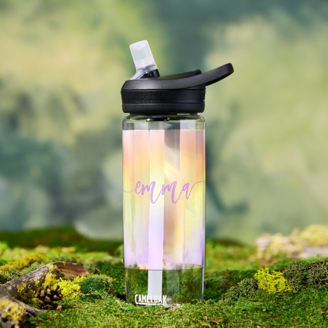 Pastell Regenbogen personalisierter Skriptname Trinkflasche (Außenbereich)