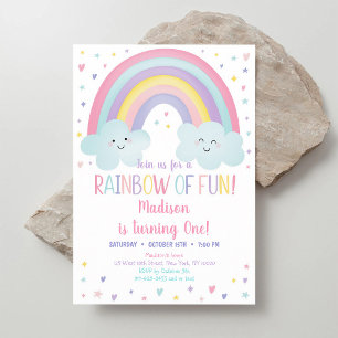 Pastell-Regenbogen-Wolken Erster Geburtstag Einladung