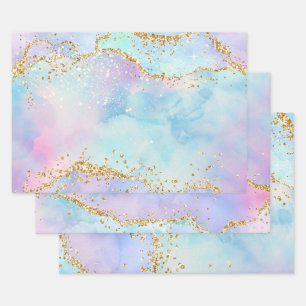 Pastell-Regenbogenfarben & Gold-Glitter-Achat Geschenkpapier Set