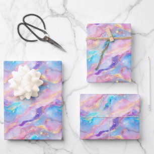 Pastell Regenbogenmarmor mit Goldglitter Geschenkpapier Set