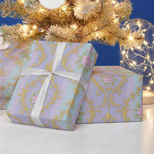 Pastell-Rokokodamaskus – Antikes Gold & Rosen Geschenkpapier