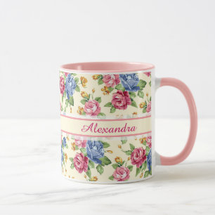 Pastell Romantische Blüten Rosa, Rote, Blaue Rosen Tasse