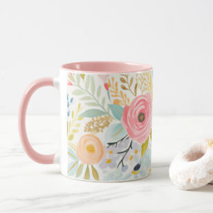 Pastell-Rosa-Blau-Aquarell-Blumen-Botanisch Tasse