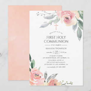 Pastell-Rosa-Blumen-Erstkommunion Einladung