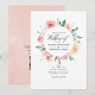 Pastell-Rosa-Blumen-Hochzeit mit QR-Code-RSVP Einladung