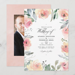 Pastell-Rosa-Blumen-Hochzeitsfoto Einladung