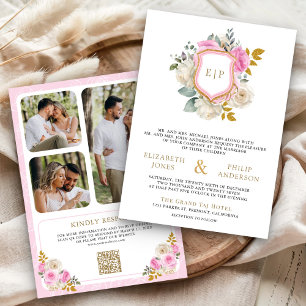 Pastell Rosa Blumen QR-Code Foto Wappen Hochzeit Einladung