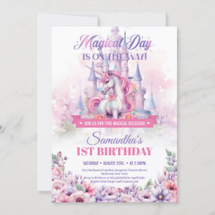 Pastell Rosa Einhorn und Feenschloss 1. Geburtstag Einladung