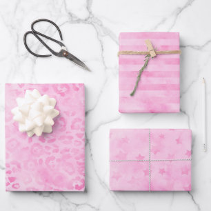Pastell Rosa Wasserfarbe Leoparden Streifen Sterne Geschenkpapier Set