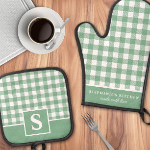 Pastell-Salbei-Gingham-Karo-kariert-Monogramm Ofenhandschuh & Topflappen-Set