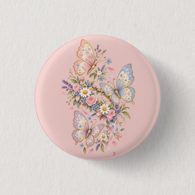 Pastell-Schmetterlings-Geburtstagsgarten  Button (Vorderseite)