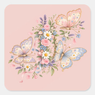 Pastell-Schmetterlings-Geburtstagsgarten Quadratischer Aufkleber