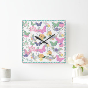Pastell-Schmetterlings-Wanduhr Quadratische Wanduhr