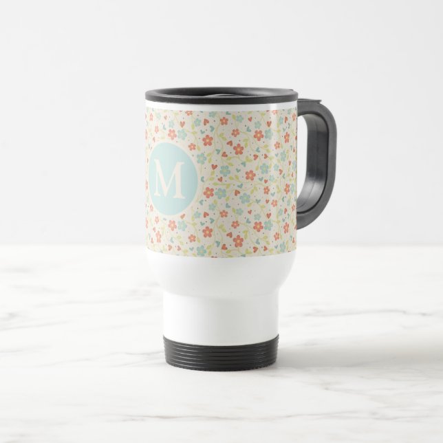 Pastell Schönes Frühlingsblumenmuster Monogramm Reisebecher (VorderseiteRechts)
