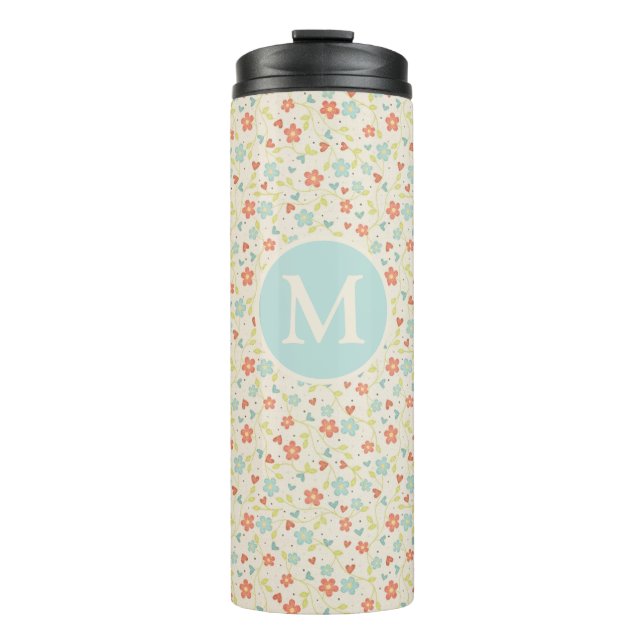 Pastell Schönes Frühlingsblumenmuster Monogramm Thermosbecher (Vorderseite)
