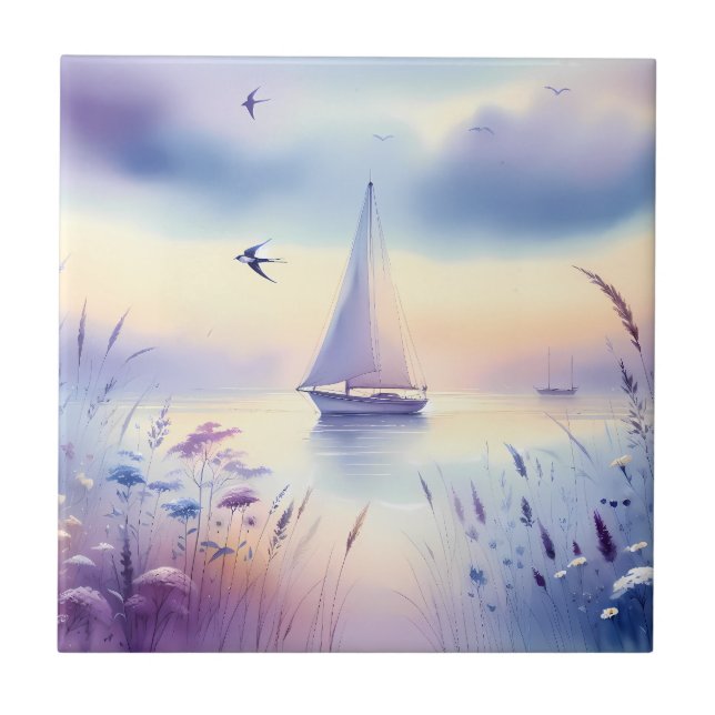 Pastell-Segelschiff-Küsten-Traumlandschaft Fliese (Vorderseite)