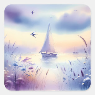 Pastell-Segelschiff-Küsten-Traumlandschaft Quadratischer Aufkleber