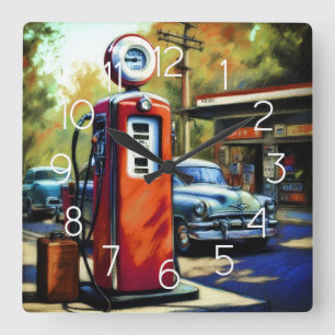 Pastell-Skizze Vintage-Tankstelle Autos Quadratische Wanduhr