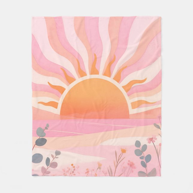 Pastell-Sonnenaufgang Boho-Wiese Fleecedecke (Vorderseite)