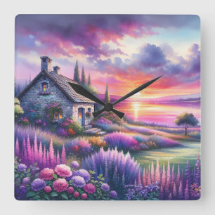 Pastell Sonnenuntergang Cottage Seeblick Garten Tr Quadratische Wanduhr