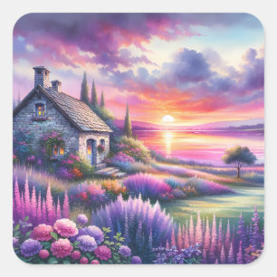 Pastell Sonnenuntergang Cottage Seegarten Traumlan Quadratischer Aufkleber
