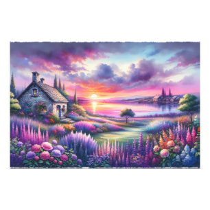 Pastell Sonnenuntergangs Cottage Seeblick Garten T Fotodruck