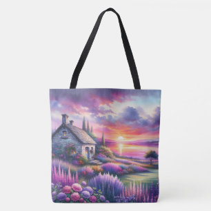 Pastell-Sonnenuntergangs-Häuschen Seeblick-Garten-