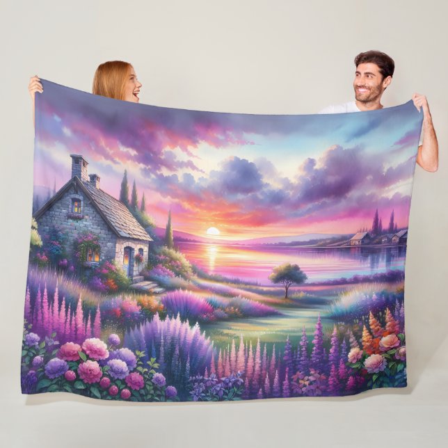 Pastell-Sonnenuntergangs-Häuschen Seeblick-Garten- Fleecedecke (Beispiel)