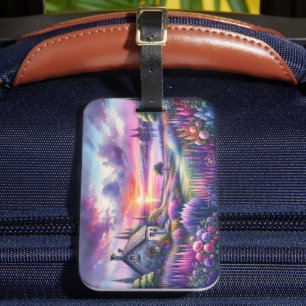 Pastell-Sonnenuntergangs-Häuschen Seeblick-Garten  Gepäckanhänger