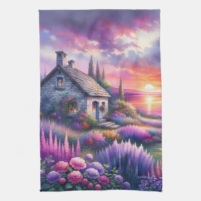 Pastell-Sonnenuntergangs-Häuschen Seeblick-Garten  Geschirrtuch (Vertikal)