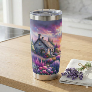 Pastell-Sonnenuntergangs-Häuschen Seeblick-Garten  Thermobecher