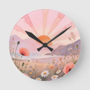 Pastell-Sonnenuntergangs-Wiesenblumenwiese Runde Wanduhr