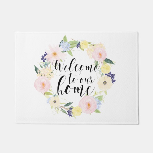 Pastell Spring Blumenkranz Willkommen auf unserer  Fußmatte (Vorderseite)