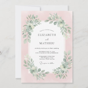 Pastell Staubige Rosa Blatt Hochzeit Einladung